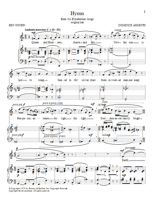 Download Dominick Argento Hymn Sheet Music and learn how to play Piano & Vocal PDF digital score in minutes
