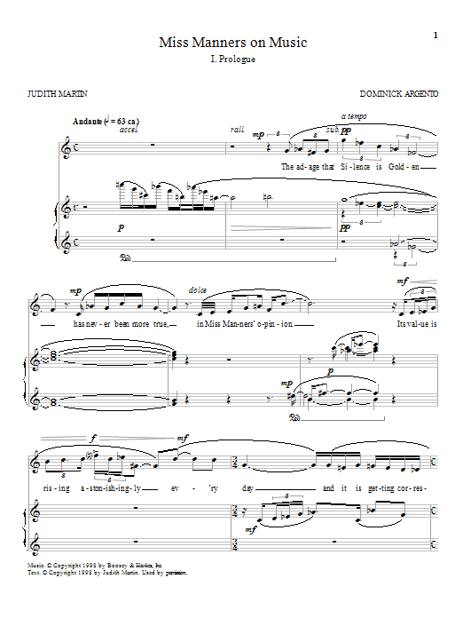 Download Dominick Argento Miss Manners on Music Sheet Music and learn how to play Piano & Vocal PDF digital score in minutes