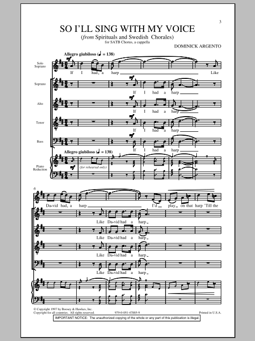 Download Dominick Argento So I'll Sing With My Voice Sheet Music and learn how to play SATB PDF digital score in minutes