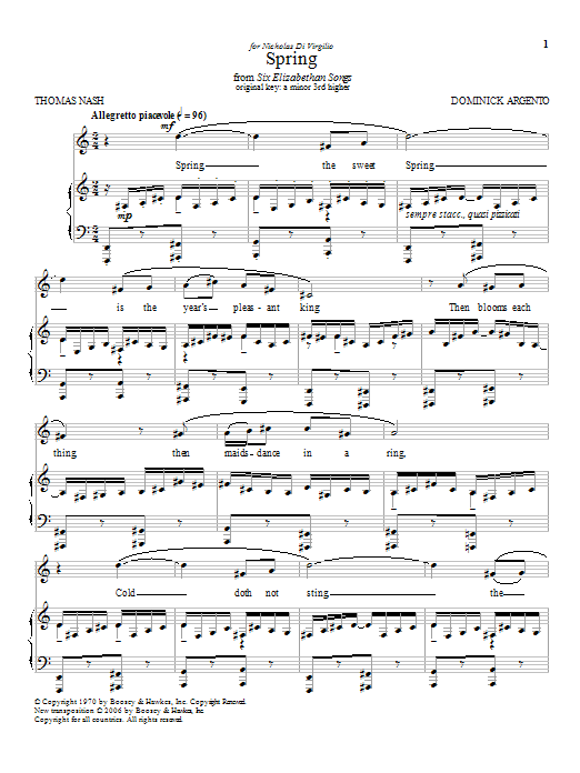 Download Dominick Argento Spring Sheet Music and learn how to play Piano & Vocal PDF digital score in minutes