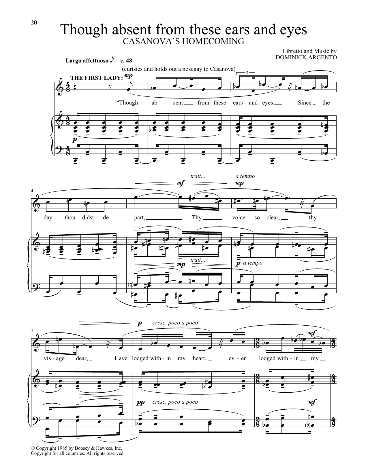 Download Dominick Argento Though absent from these ears and eyes (from Casanova's Homecoming) Sheet Music and learn how to play Piano & Vocal PDF digital score in minutes