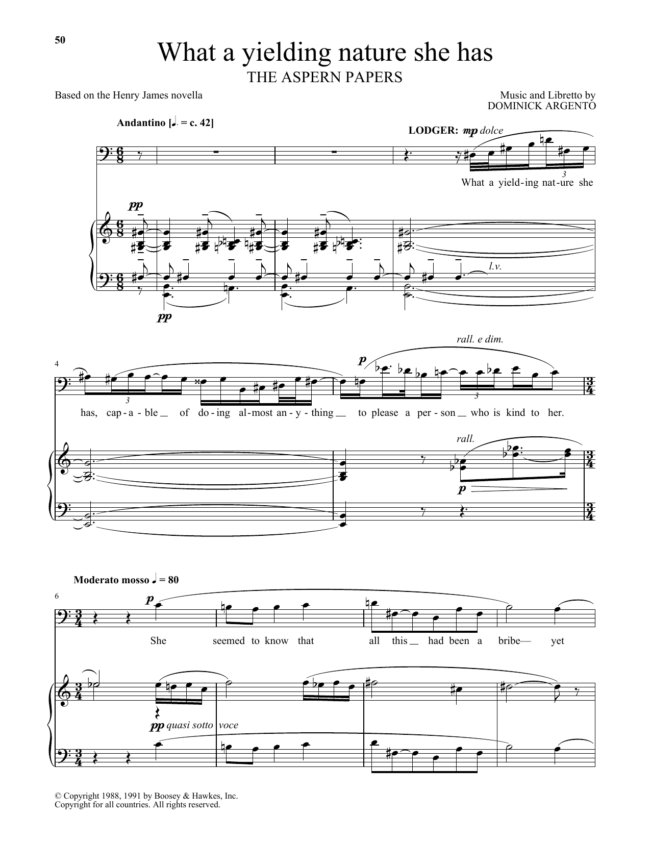 Download Dominick Argento What a yielding nature she has (from The Aspern Papers) Sheet Music and learn how to play Piano & Vocal PDF digital score in minutes