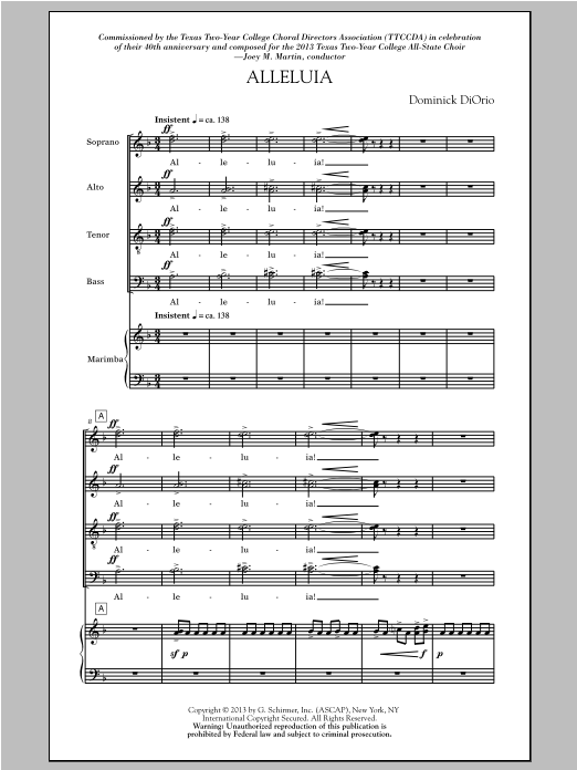 Download Dominick Diorio Alleluia (Includes Marimba) Sheet Music and learn how to play SATB PDF digital score in minutes
