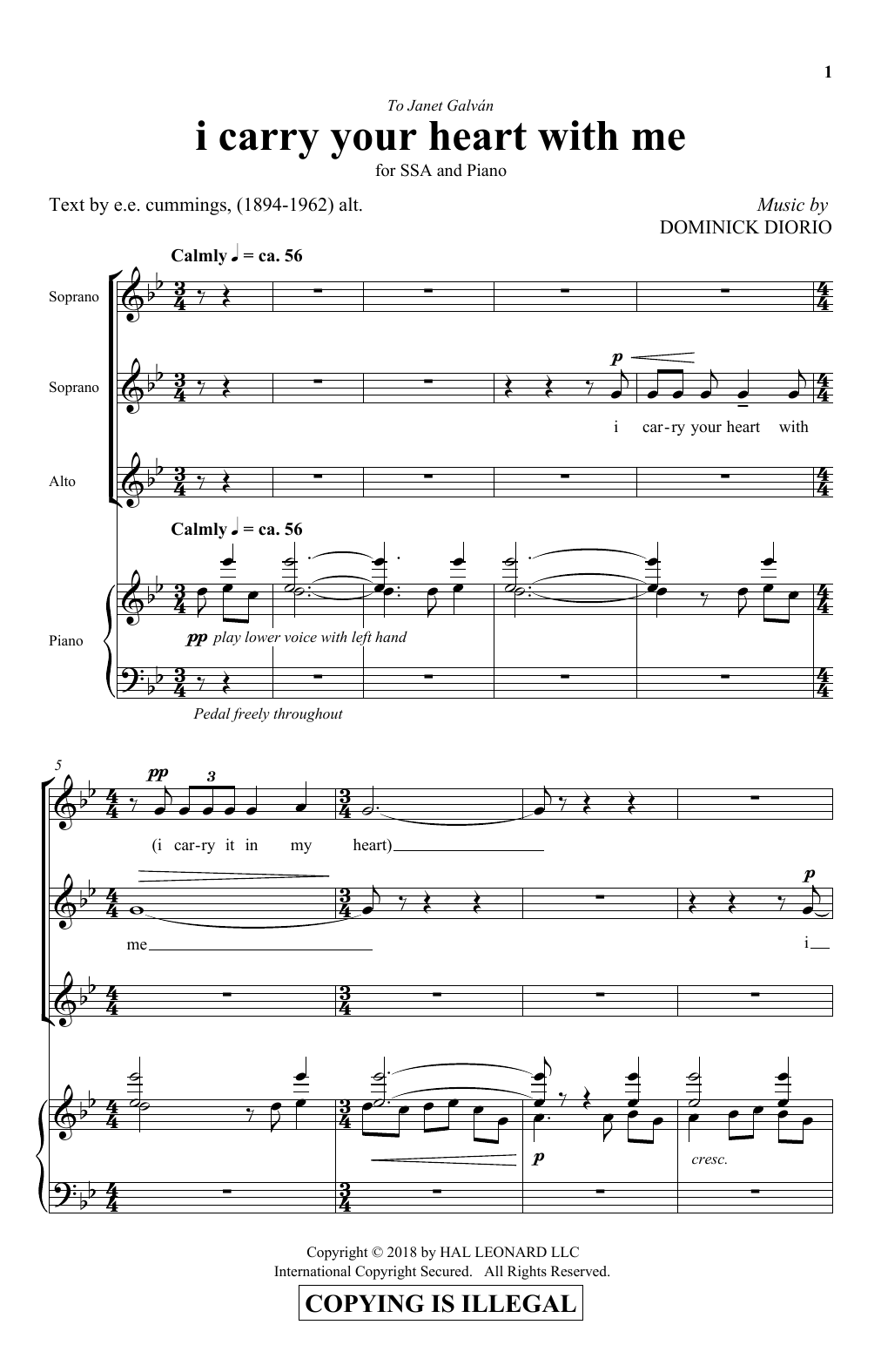 Download Dominick DiOrio I Carry Your Heart Sheet Music and learn how to play SSA Choir PDF digital score in minutes