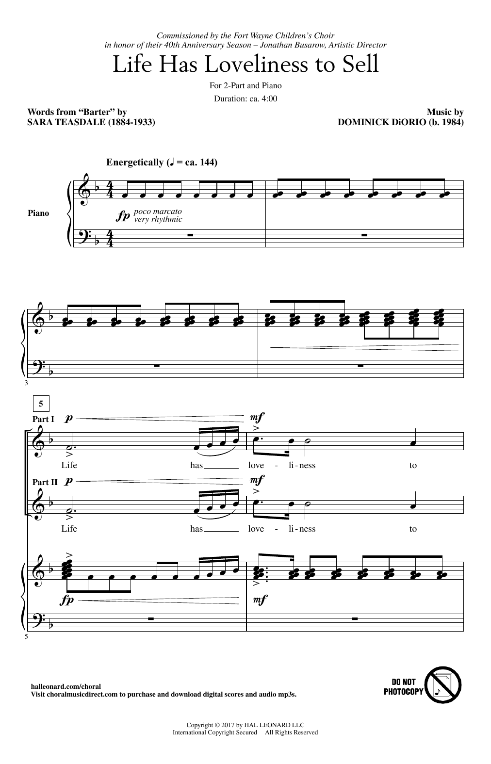 Download Dominick DiOrio Life Has Loveliness To Sell Sheet Music and learn how to play 2-Part Choir PDF digital score in minutes