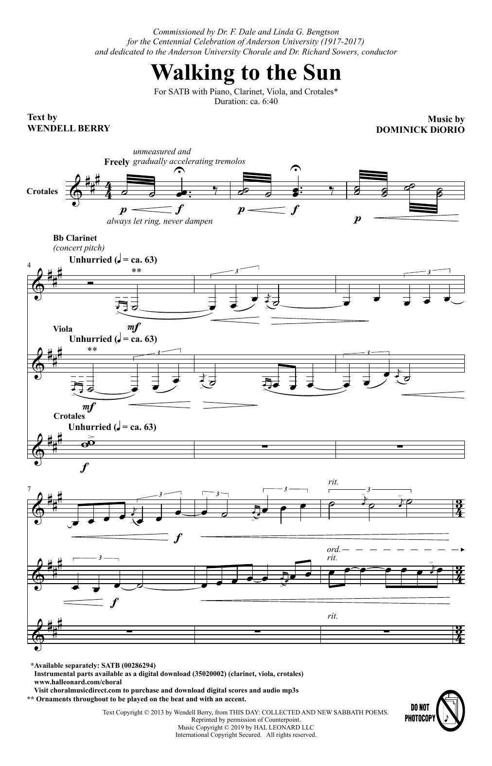 Download Dominick DiOrio Walking To The Sun Sheet Music and learn how to play SATB Choir PDF digital score in minutes