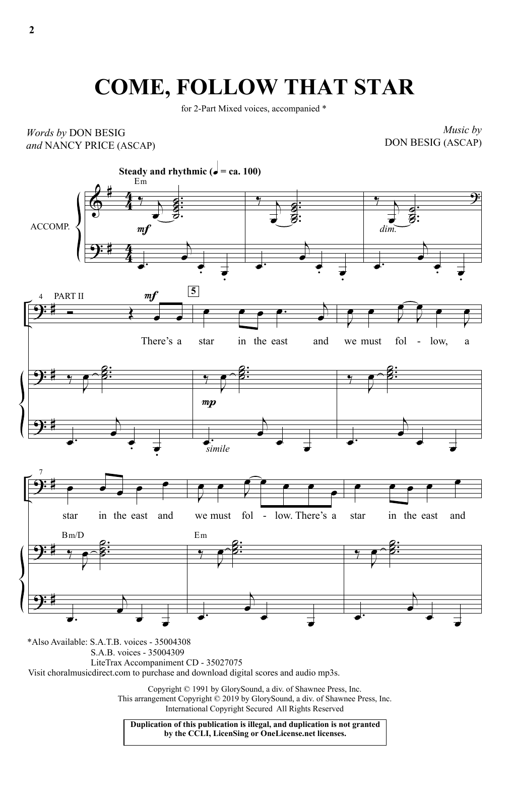 Download Don Besig & Nancy Price Come, Follow That Star Sheet Music and learn how to play 2-Part Choir PDF digital score in minutes