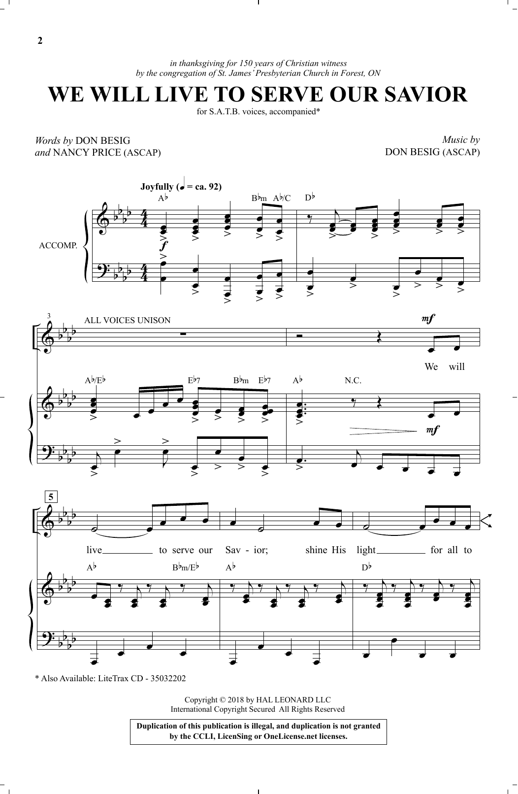 Download Don Besig & Nancy Price We Will Live To Serve Our Savior Sheet Music and learn how to play SATB PDF digital score in minutes