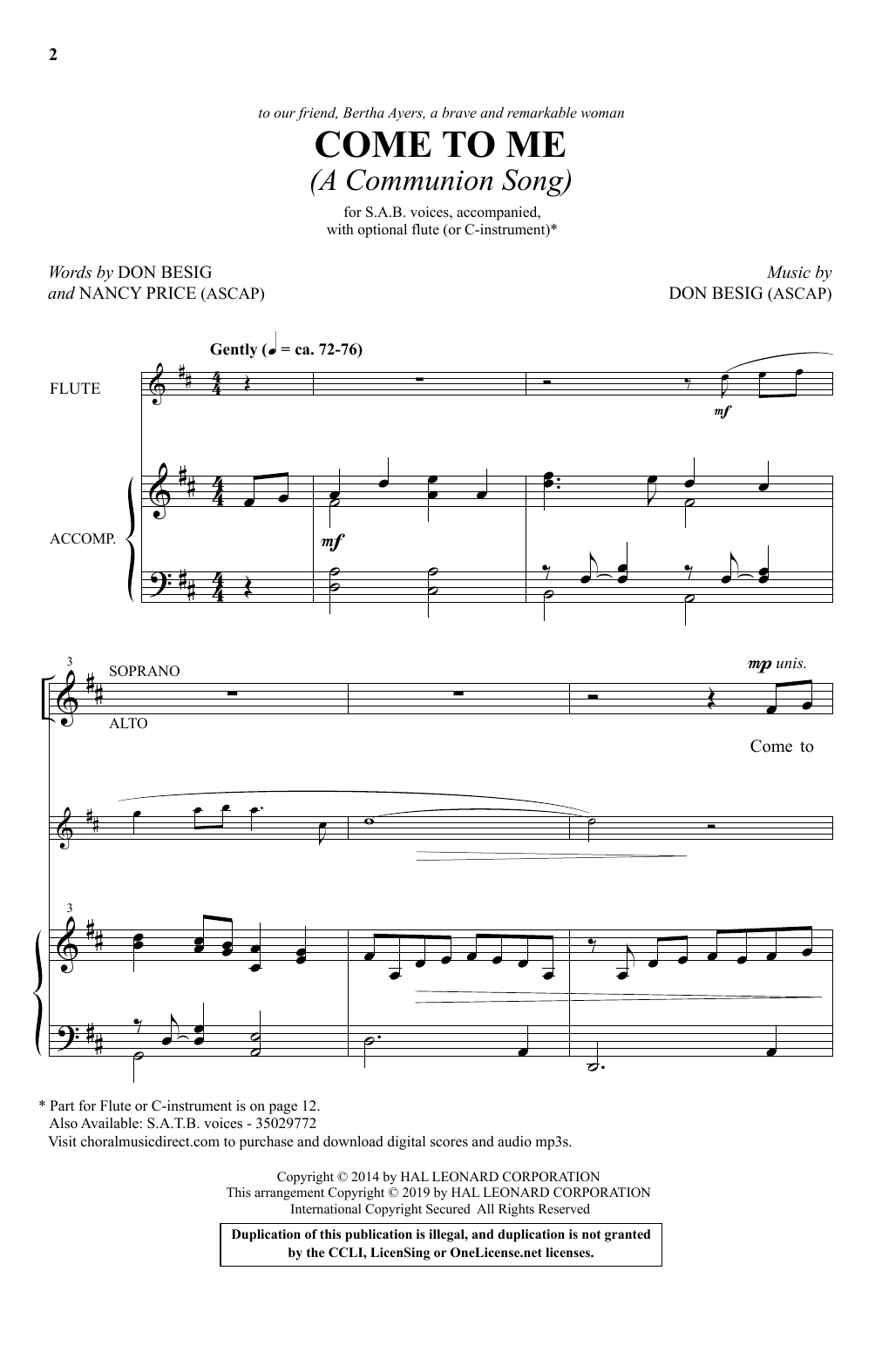 Download Don Besig and Nancy Price Come To Me (A Communion Song) Sheet Music and learn how to play SAB Choir PDF digital score in minutes