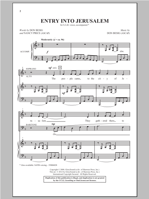Download Don Besig Entry Into Jerusalem Sheet Music and learn how to play SAB PDF digital score in minutes