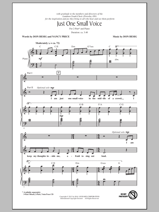 Download Don Besig Just One Small Voice Sheet Music and learn how to play 2-Part Choir PDF digital score in minutes