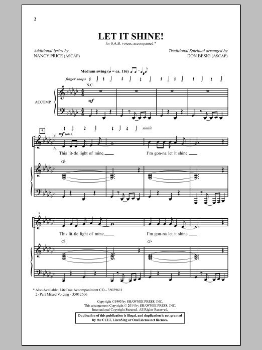 Download Traditional Spiritual Let It Shine (arr. Don Besig) Sheet Music and learn how to play SAB PDF digital score in minutes