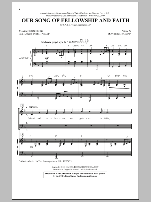 Download Don Besig Our Song Of Fellowship And Faith Sheet Music and learn how to play SATB Choir PDF digital score in minutes