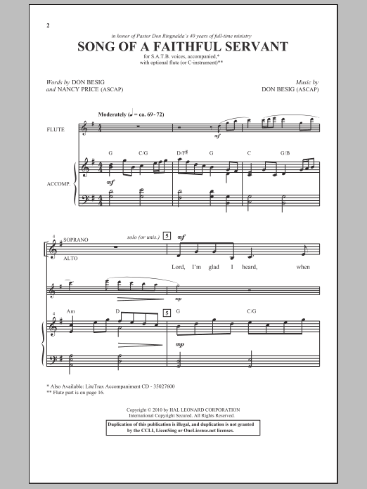 Download Don Besig Song Of A Faithful Servant Sheet Music and learn how to play SATB Choir PDF digital score in minutes