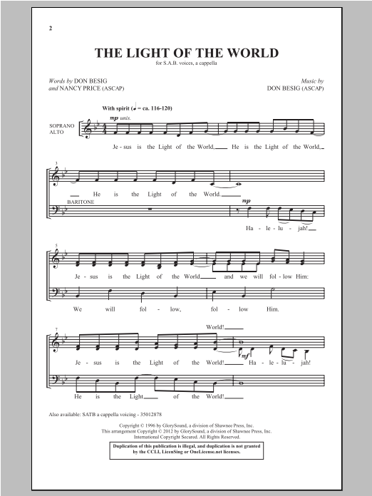 Download Don Besig The Light Of The World Sheet Music and learn how to play SAB PDF digital score in minutes