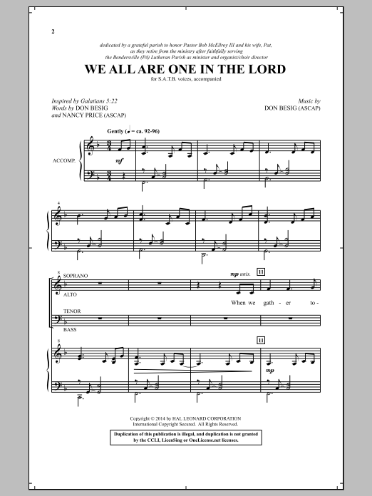 Download Don Besig We All Are One In The Lord Sheet Music and learn how to play SATB PDF digital score in minutes