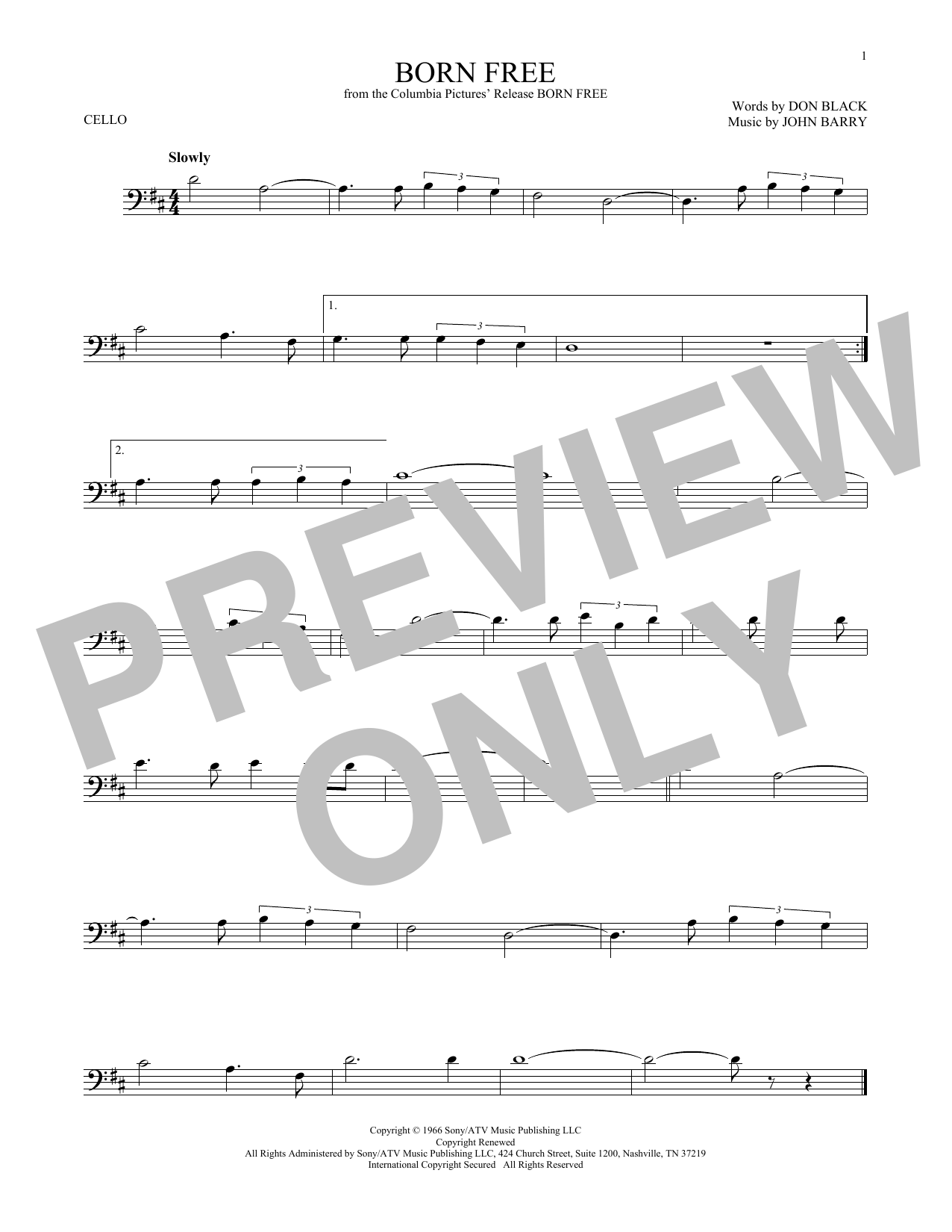Download Don Black Born Free Sheet Music and learn how to play Cello PDF digital score in minutes