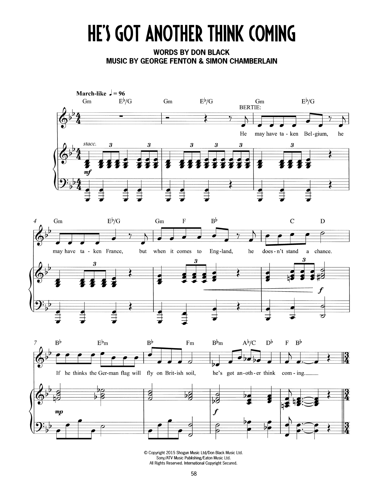 Download Don Black, George Fenton & Simon Chamberlain He's Got Another Thing Coming (from Mrs Henderson Presents) Sheet Music and learn how to play Piano & Vocal PDF digital score in minutes