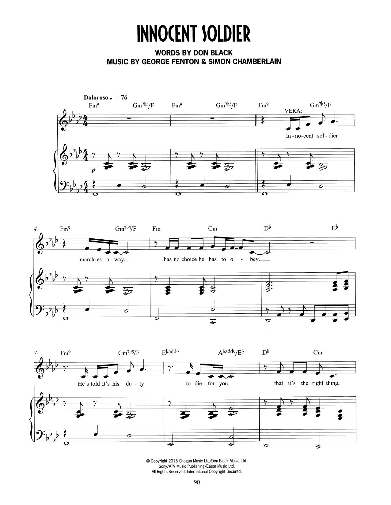 Download Don Black, George Fenton & Simon Chamberlain Innocent Soldier (from Mrs Henderson Presents) Sheet Music and learn how to play Piano & Vocal PDF digital score in minutes