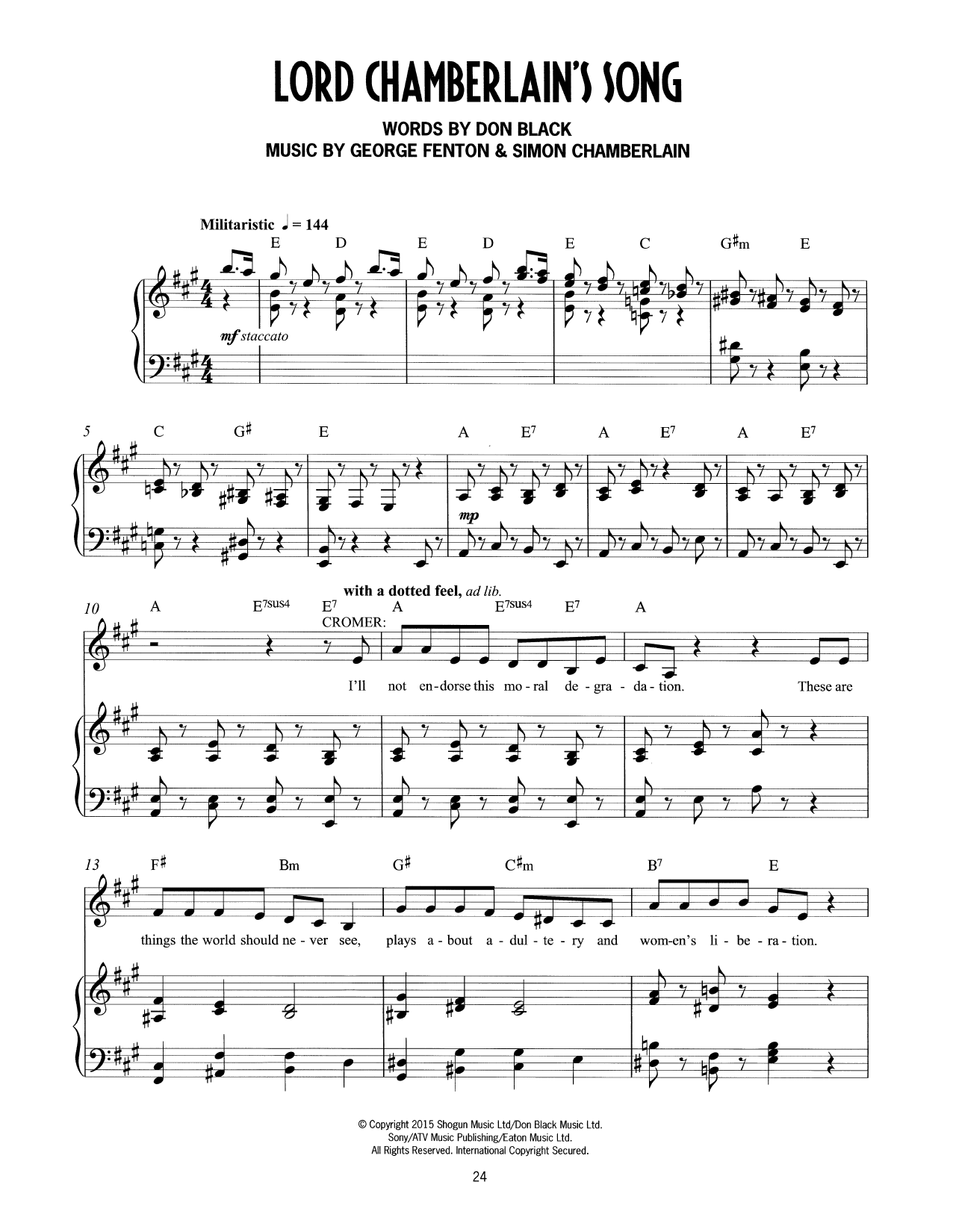 Download Don Black, George Fenton & Simon Chamberlain Lord Chamberlain's Song (from Mrs Henderson Presents) Sheet Music and learn how to play Piano & Vocal PDF digital score in minutes
