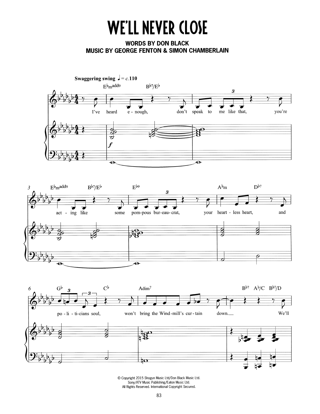 Download Don Black, George Fenton & Simon Chamberlain We'll Never Close (from Mrs Henderson Presents) Sheet Music and learn how to play Piano & Vocal PDF digital score in minutes