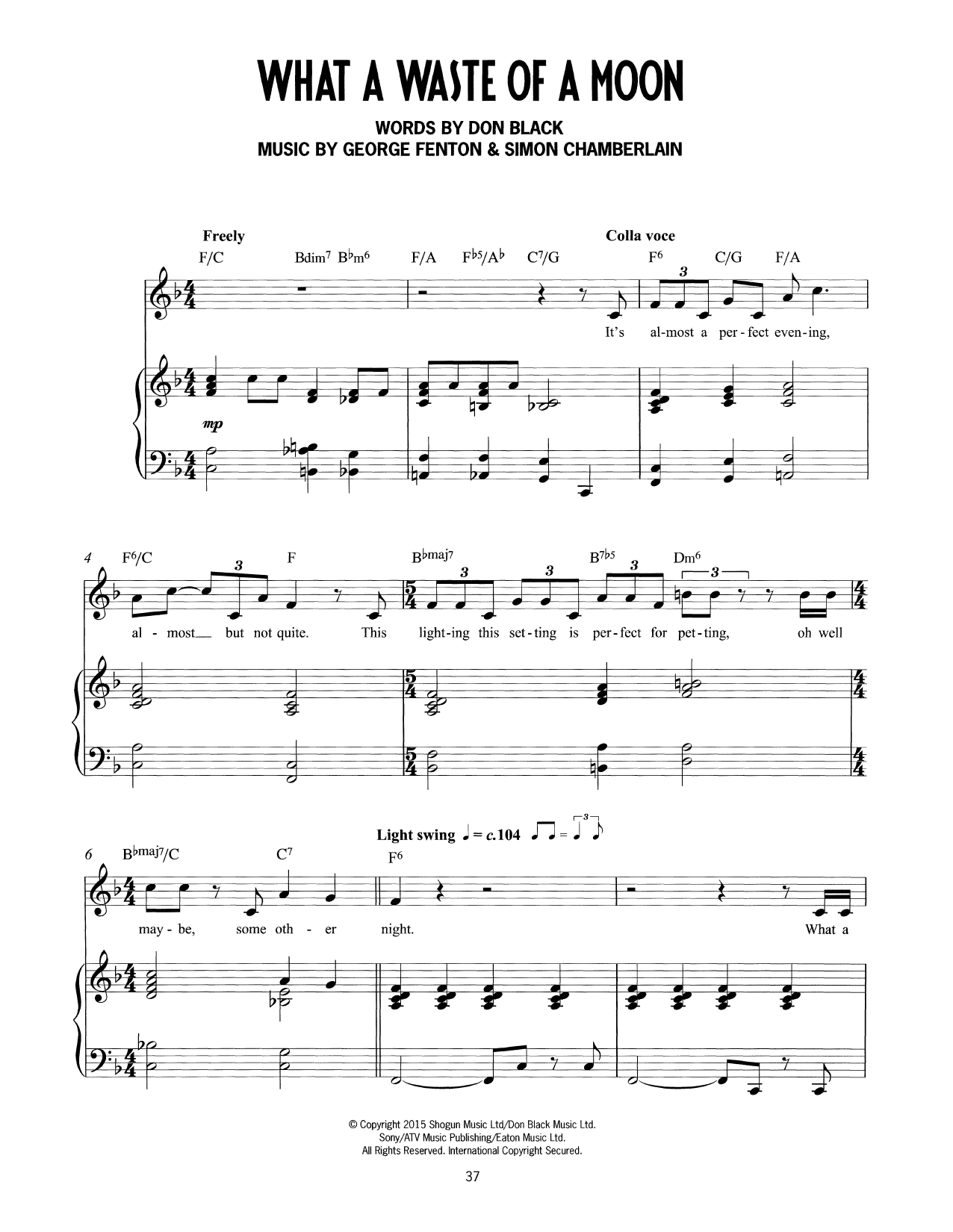 Download Don Black, George Fenton & Simon Chamberlain What A Waste Of A Moon (from Mrs Henderson Presents) Sheet Music and learn how to play Piano & Vocal PDF digital score in minutes