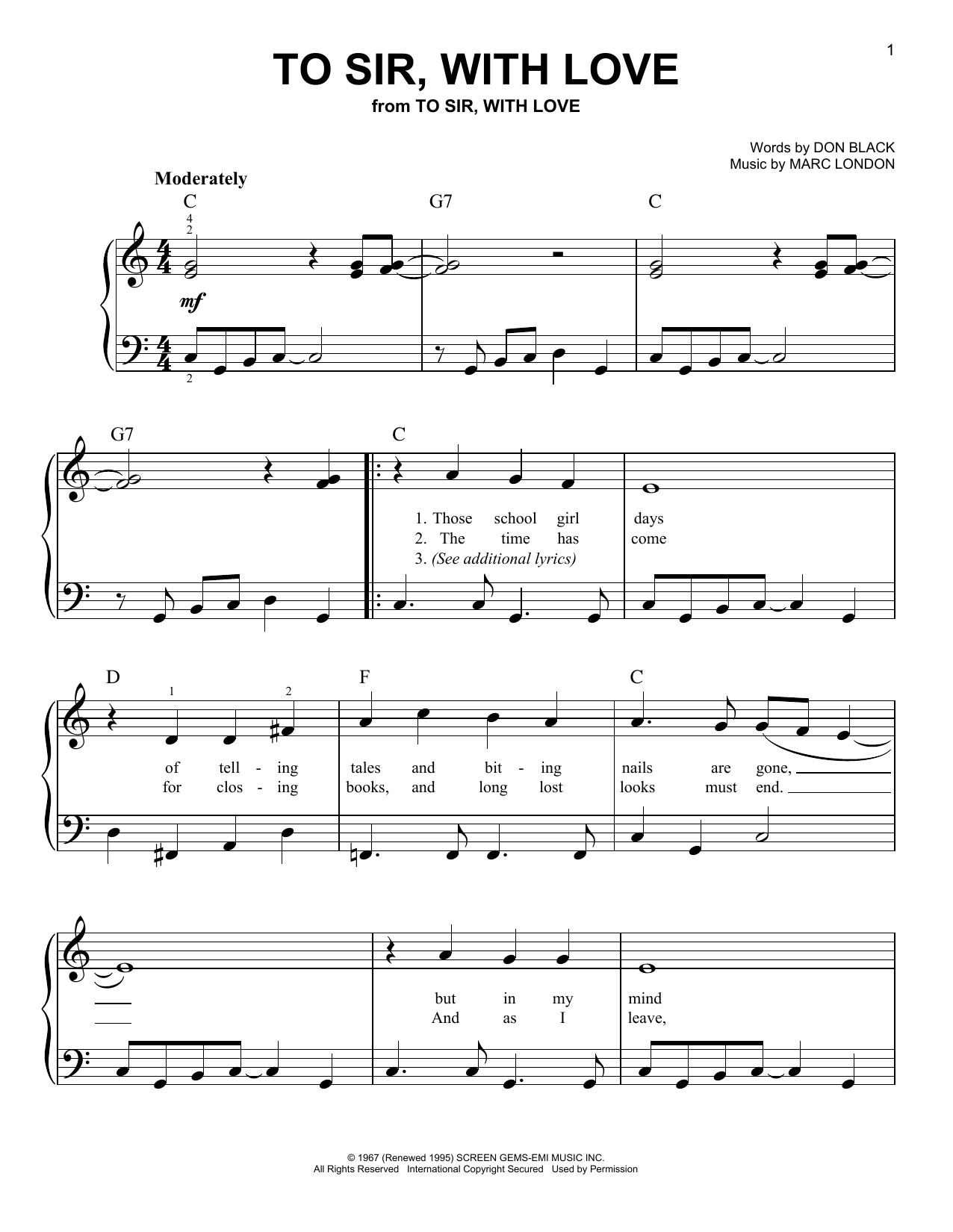 Download Don Black To Sir, With Love Sheet Music and learn how to play Easy Piano PDF digital score in minutes