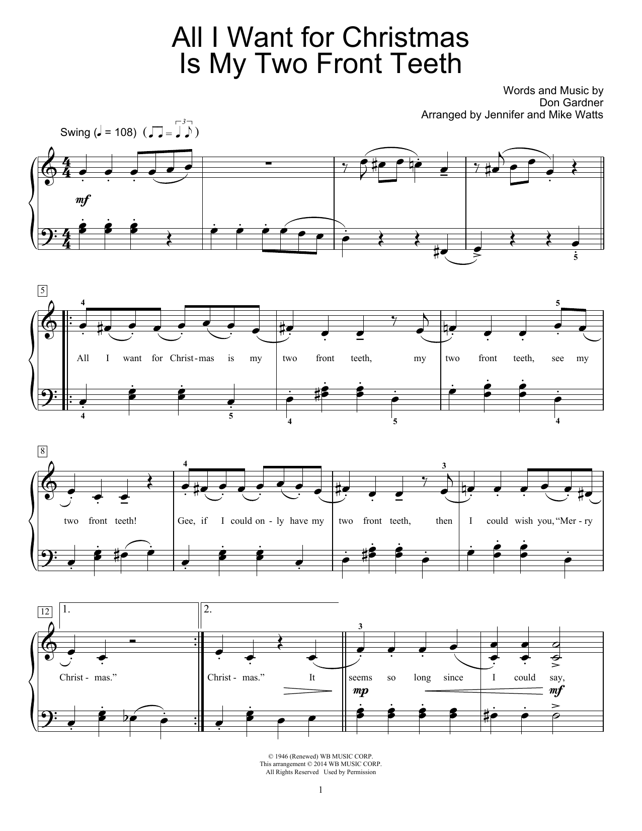 Download Spike Jones and his City Slickers All I Want For Christmas Is My Two Front Teeth Sheet Music and learn how to play Easy Piano PDF digital score in minutes