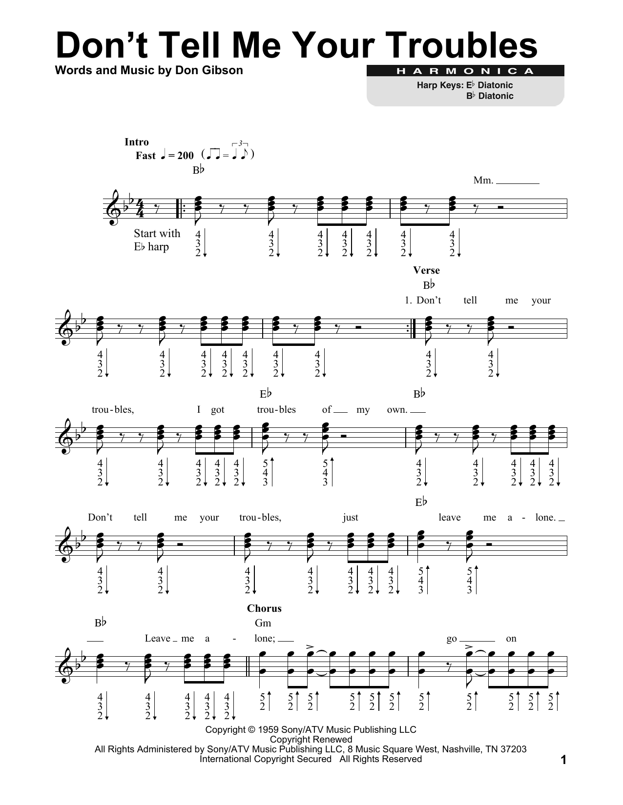 Download Don Gibson Don't Tell Me Your Troubles Sheet Music and learn how to play Harmonica PDF digital score in minutes