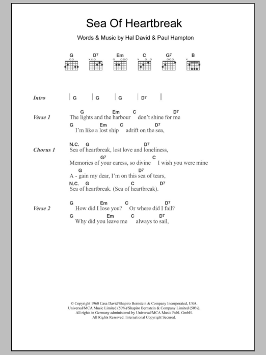 Download Don Gibson Sea Of Heartbreak Sheet Music and learn how to play Lyrics & Chords PDF digital score in minutes