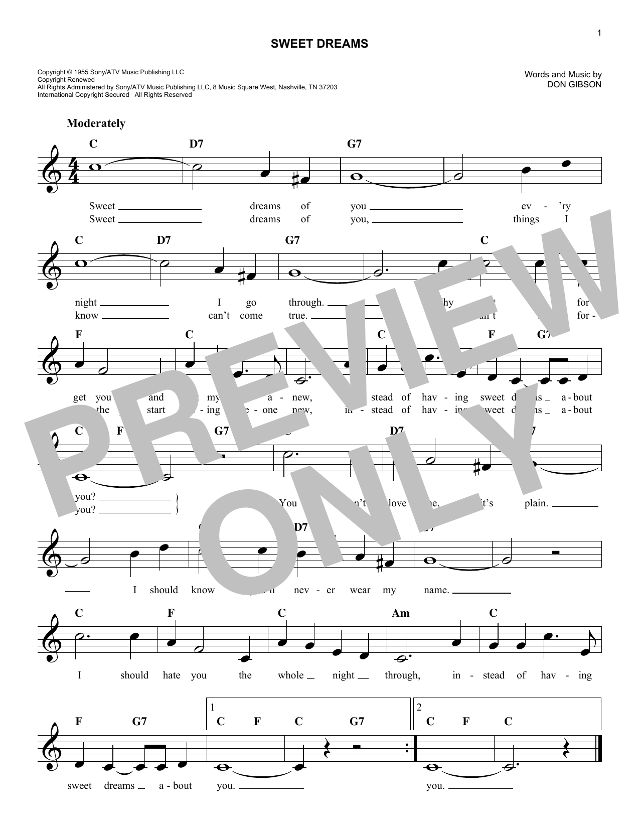 Download Don Gibson Sweet Dreams Sheet Music and learn how to play Melody Line, Lyrics & Chords PDF digital score in minutes