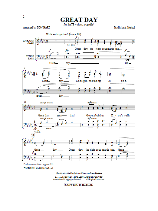 Download African-American Spiritual Great Day (arr. Don Hart) Sheet Music and learn how to play SATB PDF digital score in minutes