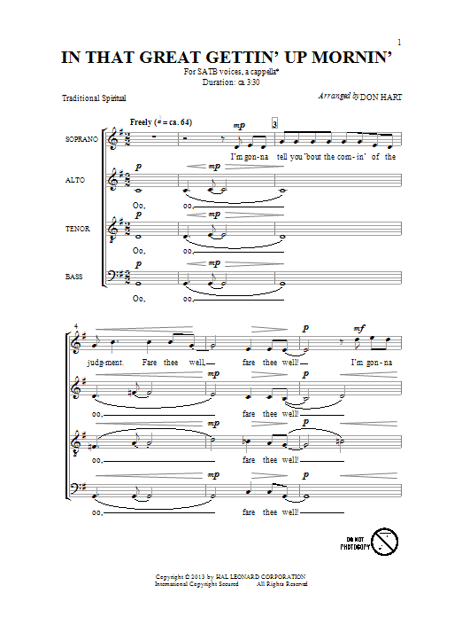 Download Traditional In That Great Getting' Up Morning (arr. Don Hart) Sheet Music and learn how to play SATB PDF digital score in minutes