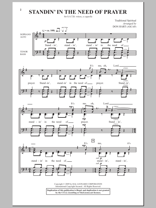 Download Don Hart Standin' In The Need Of Prayer Sheet Music and learn how to play SATB Choir PDF digital score in minutes