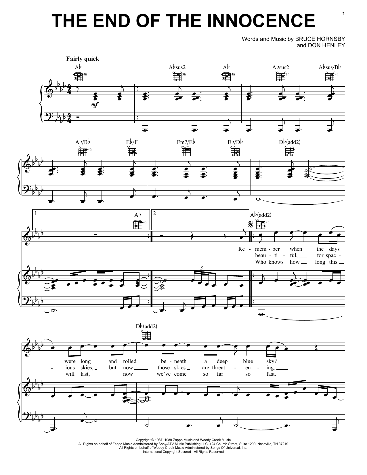 Download Don Henley The End Of The Innocence Sheet Music and learn how to play Lyrics & Chords PDF digital score in minutes