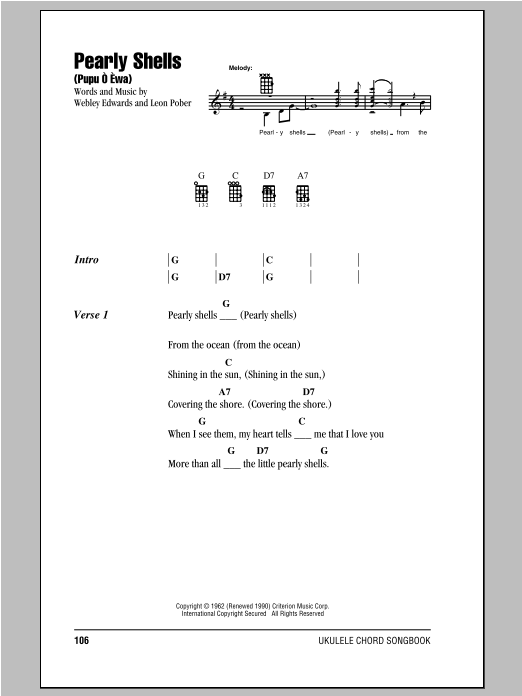 Download Don Ho Pearly Shells (Pupu O Ewa) Sheet Music and learn how to play Ukulele PDF digital score in minutes