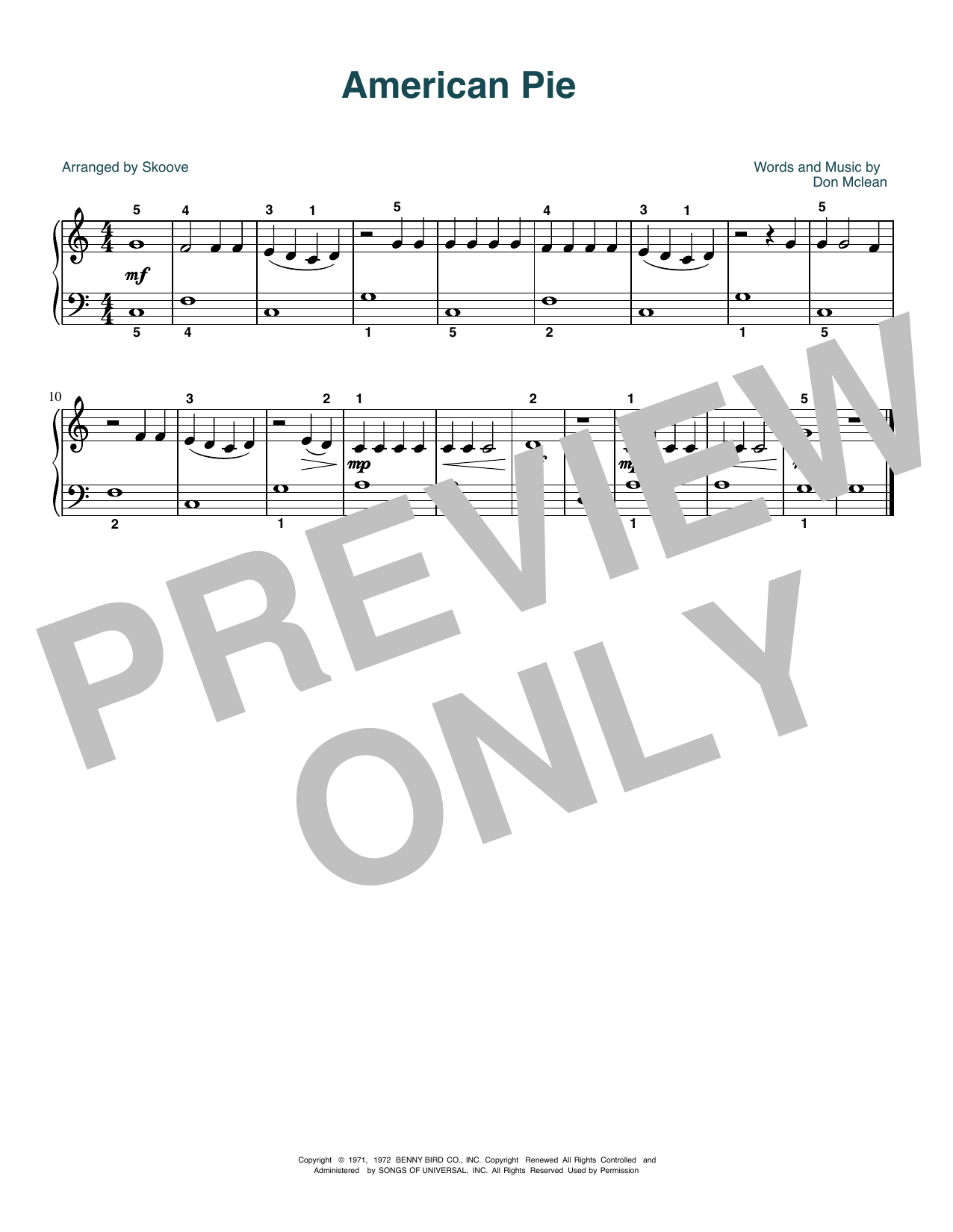 Download Don McLean American Pie (arr. Skoove) Sheet Music and learn how to play Beginner Piano (Abridged) PDF digital score in minutes