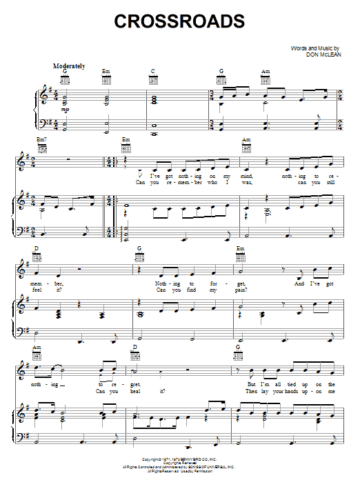 Download Don McLean Crossroads Sheet Music and learn how to play Piano, Vocal & Guitar (Right-Hand Melody) PDF digital score in minutes