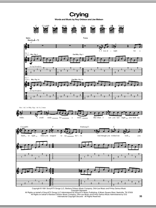 Download Don McLean Crying Sheet Music and learn how to play Guitar Tab PDF digital score in minutes