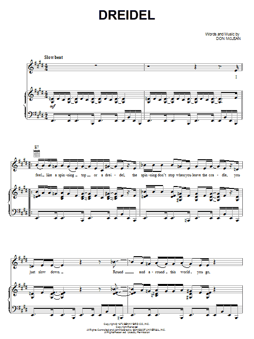Download Don McLean Dreidel Sheet Music and learn how to play Piano, Vocal & Guitar (Right-Hand Melody) PDF digital score in minutes