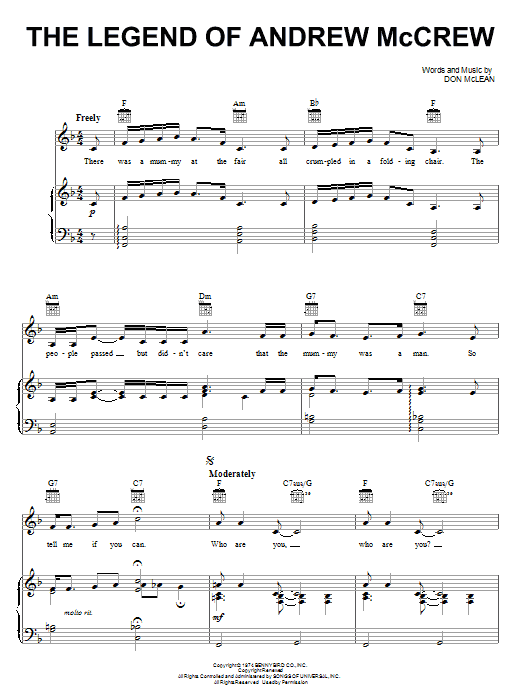 Download Don McLean The Legend Of Andrew McCrew Sheet Music and learn how to play Piano, Vocal & Guitar (Right-Hand Melody) PDF digital score in minutes