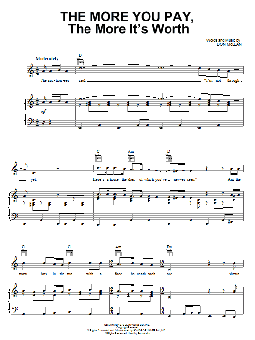 Download Don McLean The More You Pay, The More It's Worth Sheet Music and learn how to play Piano, Vocal & Guitar (Right-Hand Melody) PDF digital score in minutes