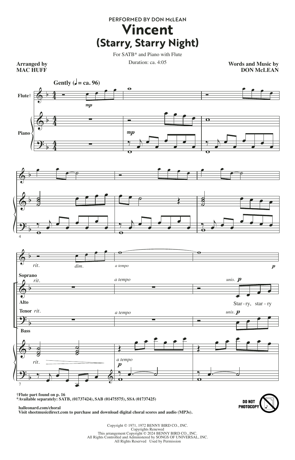 Download Don McLean Vincent (Starry Starry Night) (arr. Mac Huff) Sheet Music and learn how to play SATB Choir PDF digital score in minutes