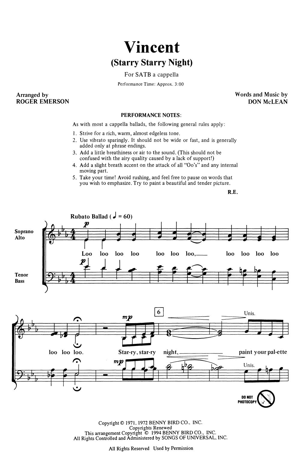 Download Don McLean Vincent (Starry Starry Night) (arr. Roger Emerson) Sheet Music and learn how to play SATB Choir PDF digital score in minutes