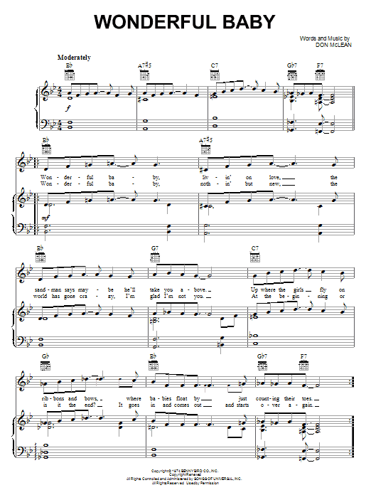 Download Don McLean Wonderful Baby Sheet Music and learn how to play Piano, Vocal & Guitar (Right-Hand Melody) PDF digital score in minutes
