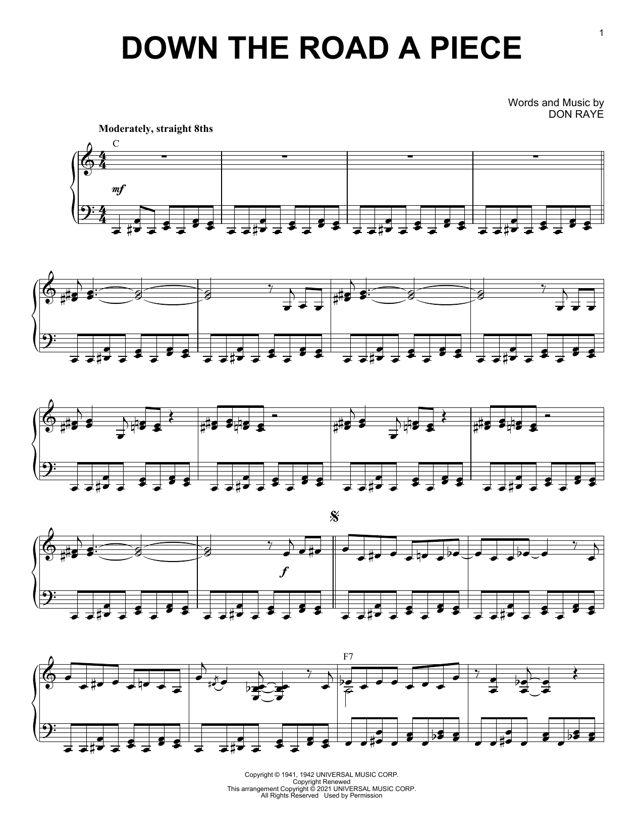 Download Don Raye Down The Road A Piece (arr. Brent Edstrom) Sheet Music and learn how to play Piano Solo PDF digital score in minutes
