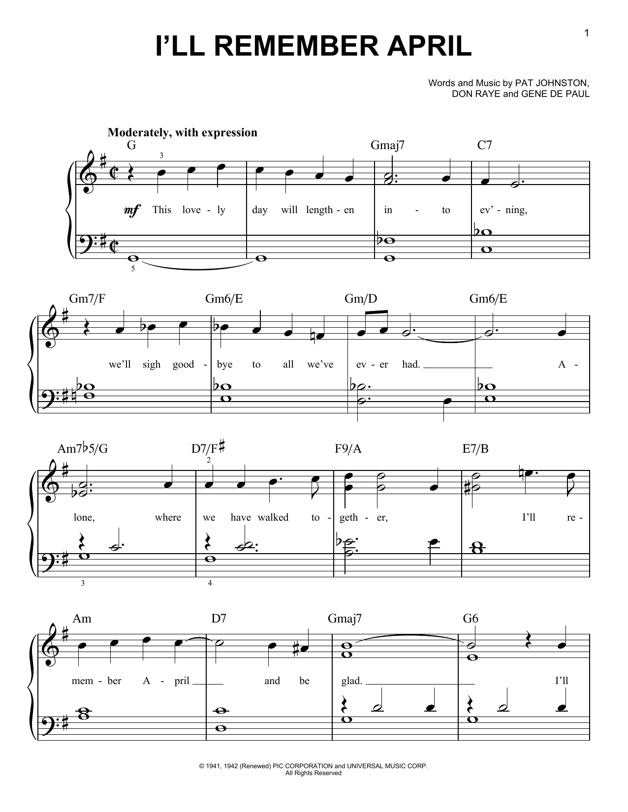 Download Don Raye I'll Remember April Sheet Music and learn how to play Easy Piano PDF digital score in minutes