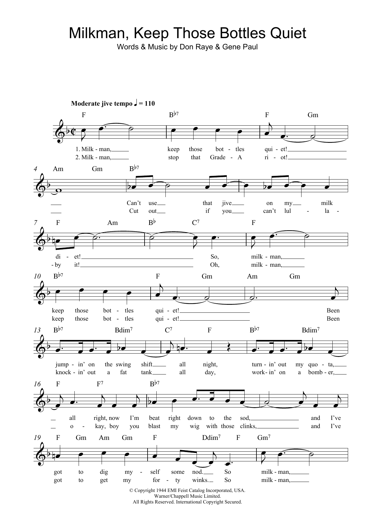 Download Don Raye Milkman, Keep Those Bottles Quiet Sheet Music and learn how to play Lead Sheet / Fake Book PDF digital score in minutes