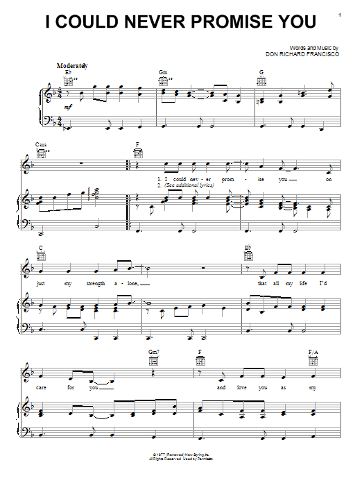 Download Don Richard Francisco I Could Never Promise You Sheet Music and learn how to play Piano, Vocal & Guitar (Right-Hand Melody) PDF digital score in minutes