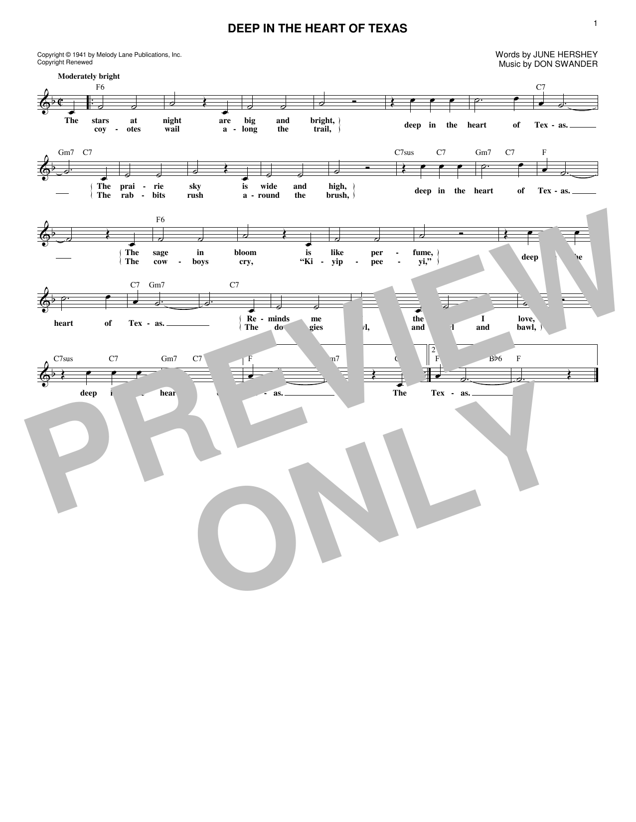 Download Don Swander Deep In The Heart Of Texas Sheet Music and learn how to play Melody Line, Lyrics & Chords PDF digital score in minutes